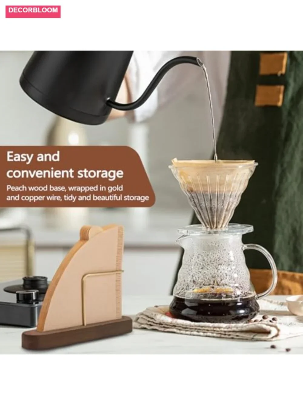 2 Pack Coffee Filter Holder Walnut Brass Dispenser Stand Pour Over Storage for